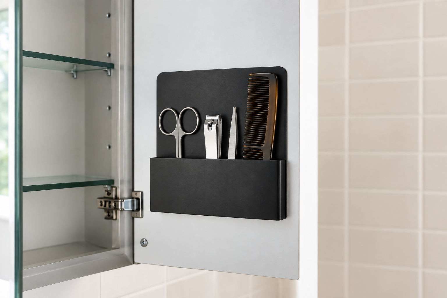 The interior of an open medicine cabinet door fitted with a small magnetic organizer holding grooming tools.