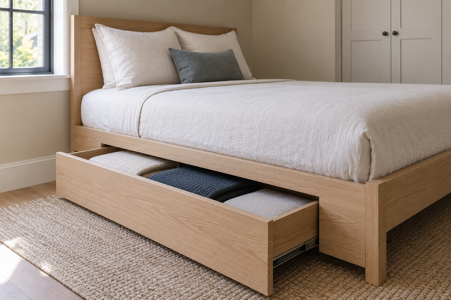 A bed frame with a built-in storage drawer partially open at its base