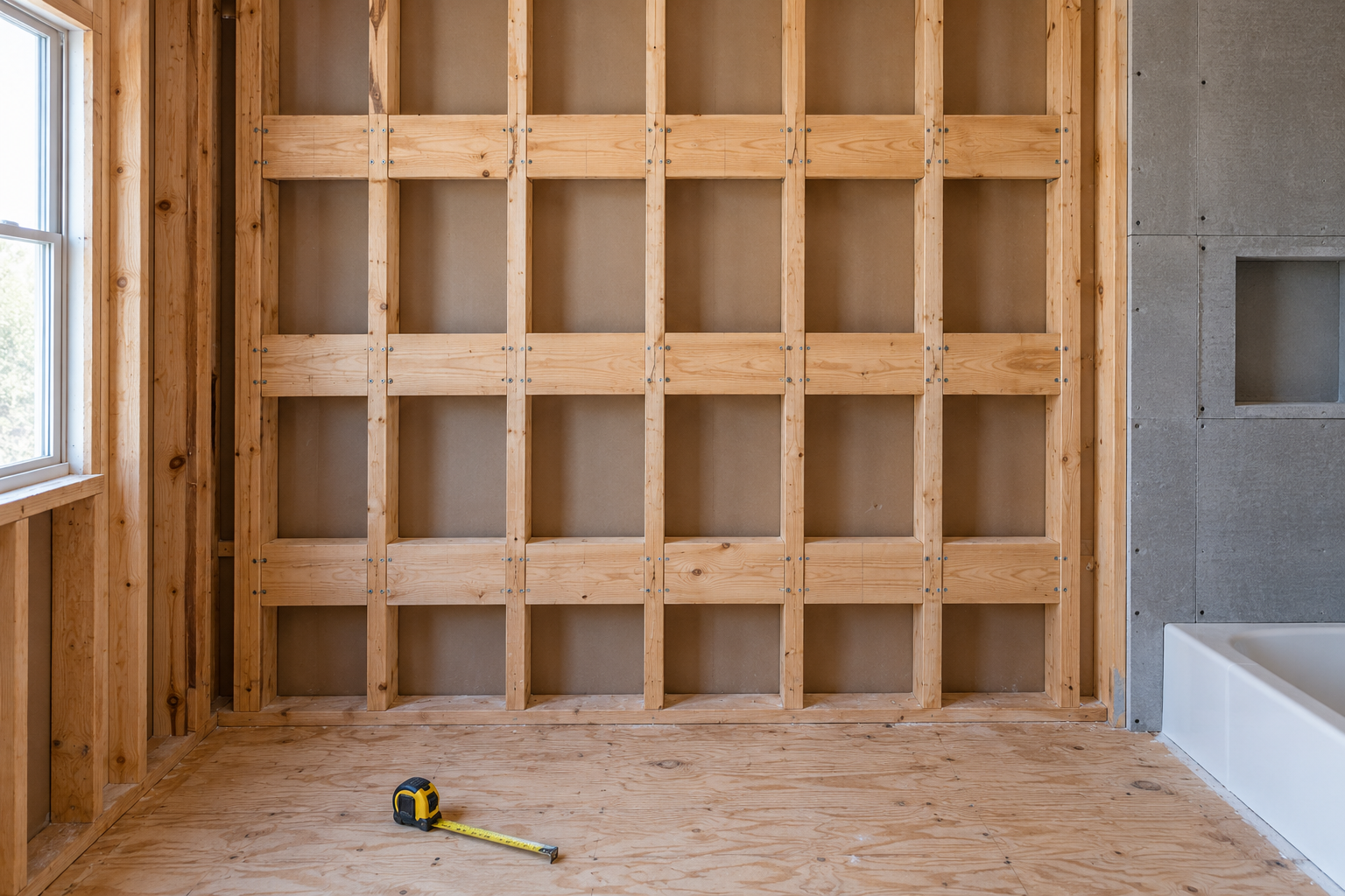 An open bathroom wall with horizontal wood blocking fitted between the studs at three different heights before tiling.