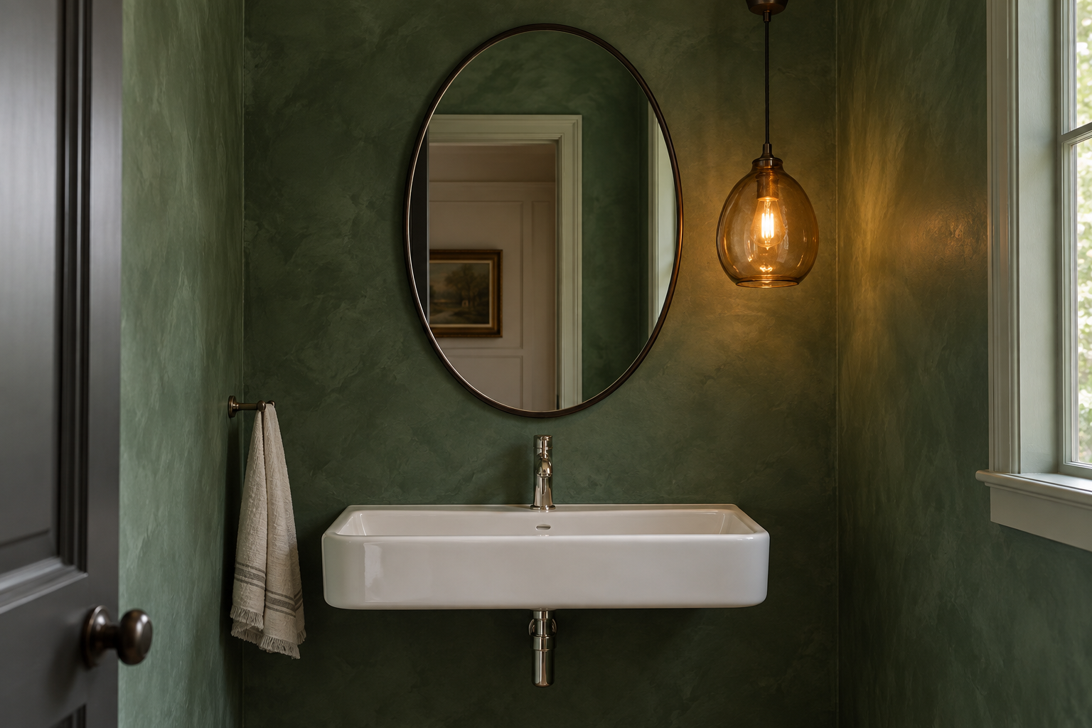 An amber glass pendant hung beside an oval mirror in a powder room with deep green limewashed walls.