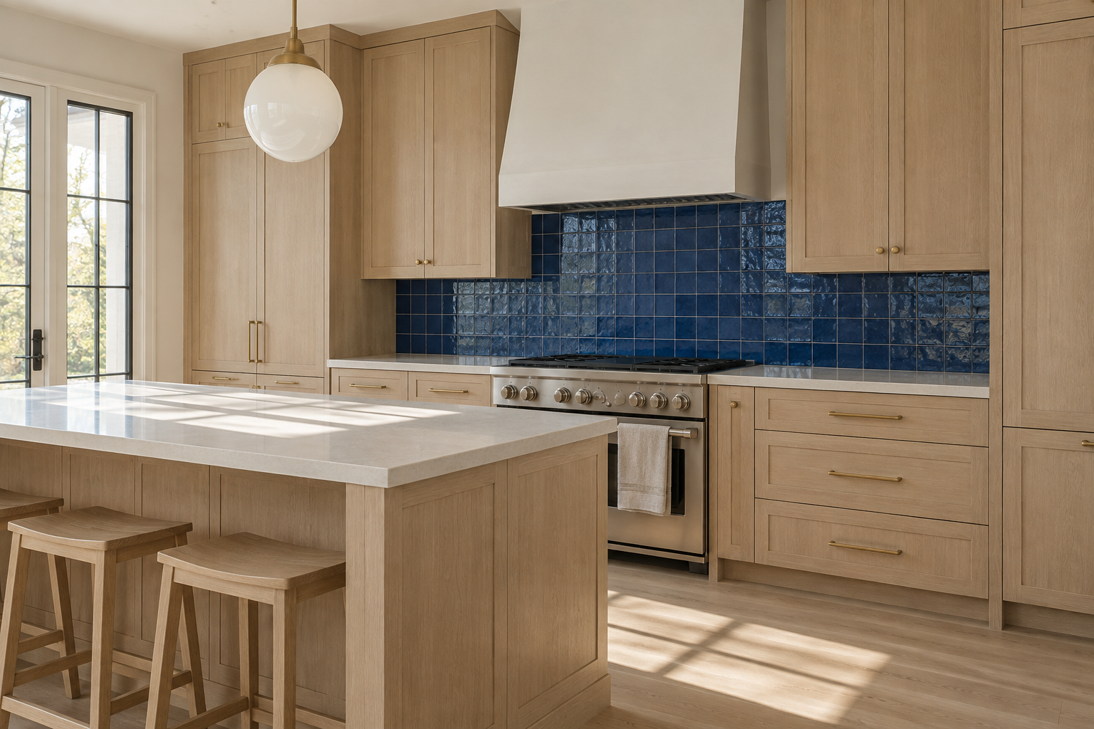 A cobalt blue glazed tile backsplash as the sole bold color decision in an otherwise quiet white oak kitchen.