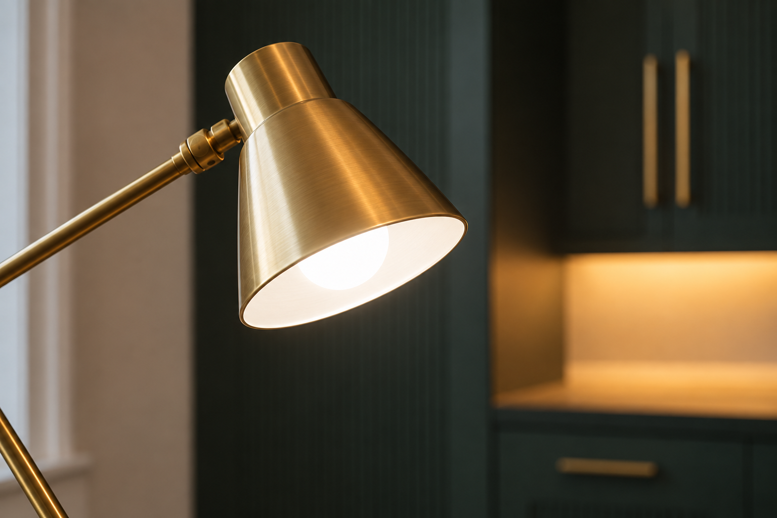 A neutral-white desk lamp bulb glowing against the warmer ambient light of a bottle-green home office.