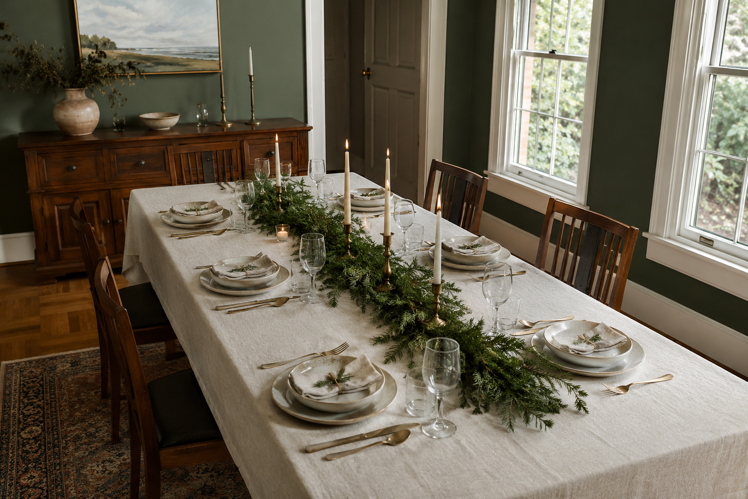 A Christmas dining table set with linen, brass flatware, and a low greenery runner