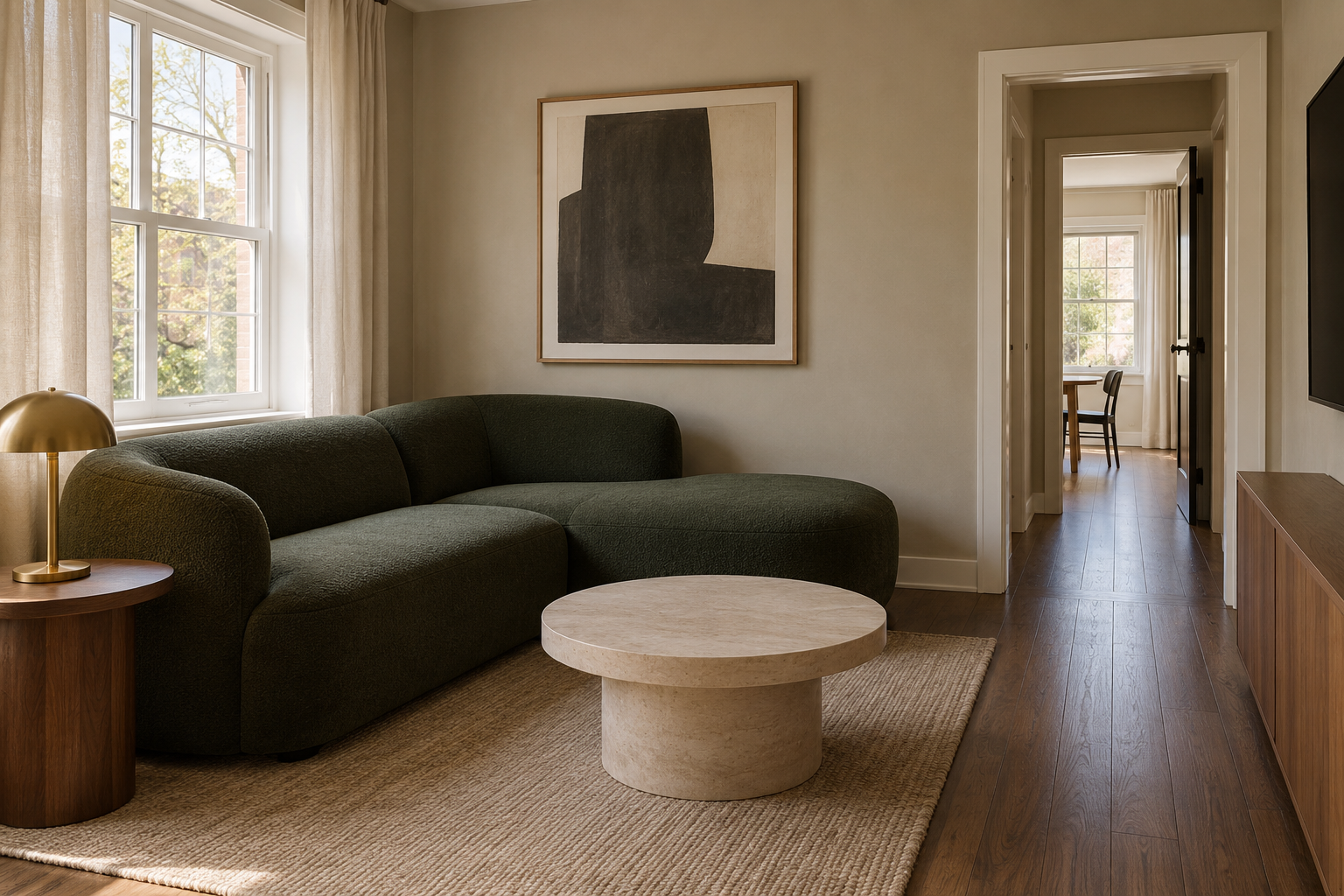 A compact two-seat sectional in a small living room with a clear walkway running beside it.
