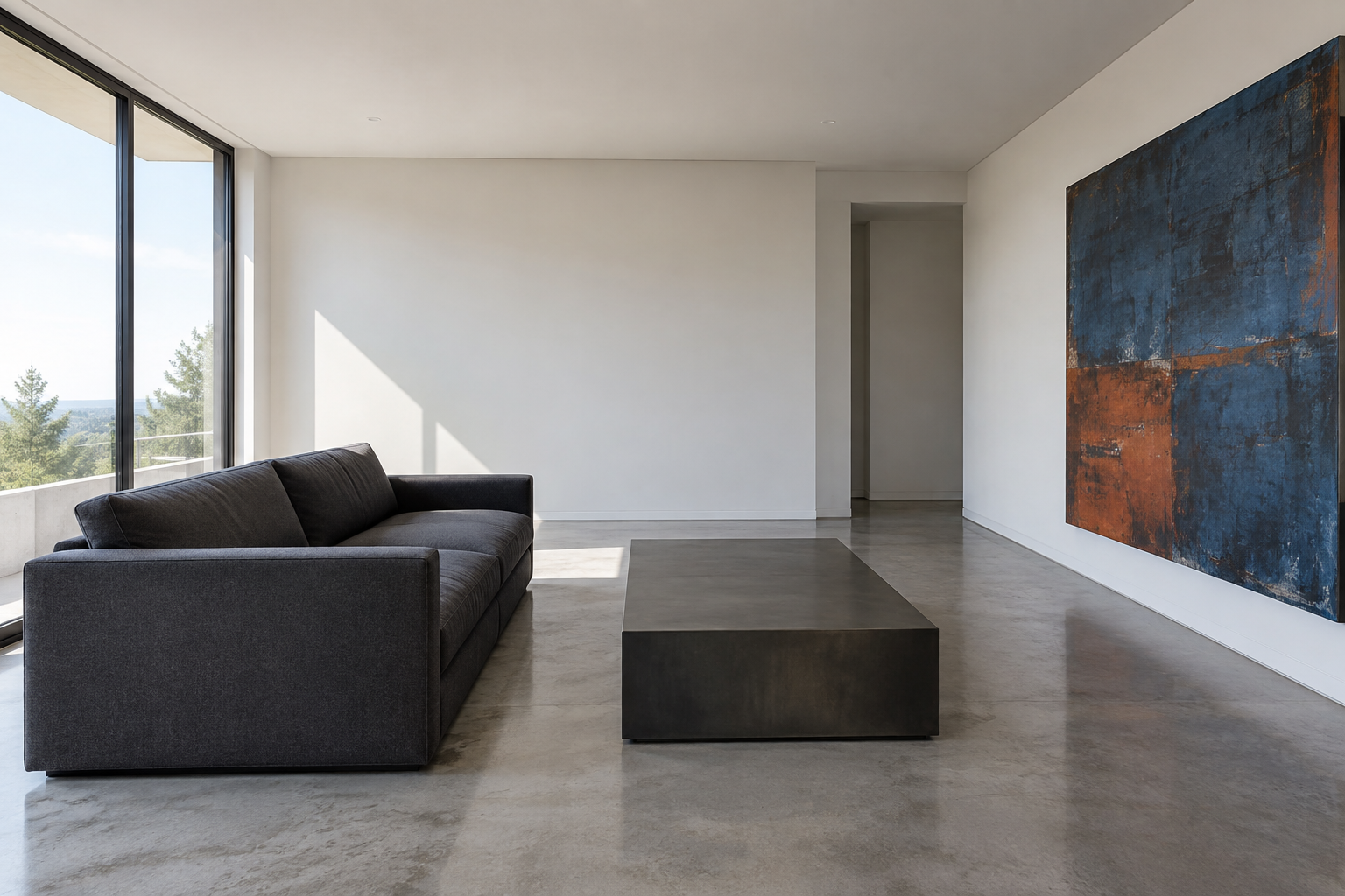 A contemporary living room with a low-profile charcoal sofa, a blackened-steel plinth coffee table, and one large abstract artwork in blue and rust tones.