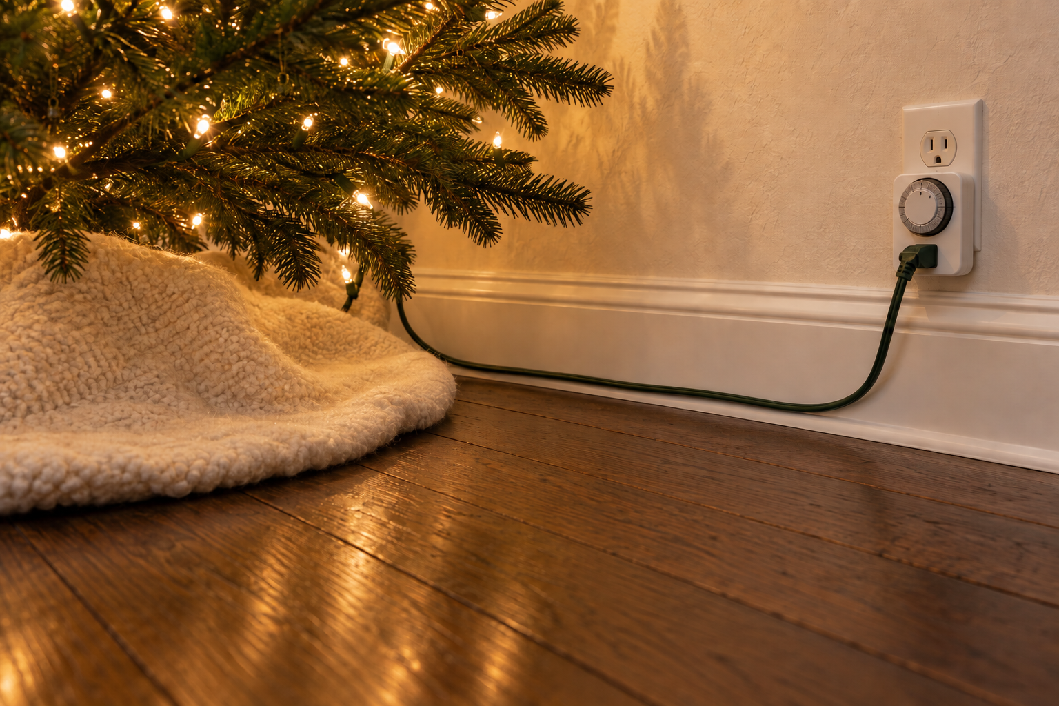 A Christmas tree light cord running along the baseboard to a plug-in timer at the outlet.