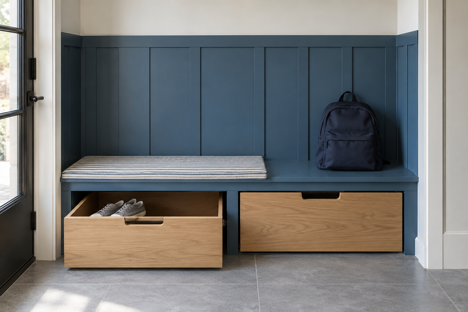 A denim-blue built-in mudroom bench with pull-out wooden bins underneath, one holding dry sneakers.