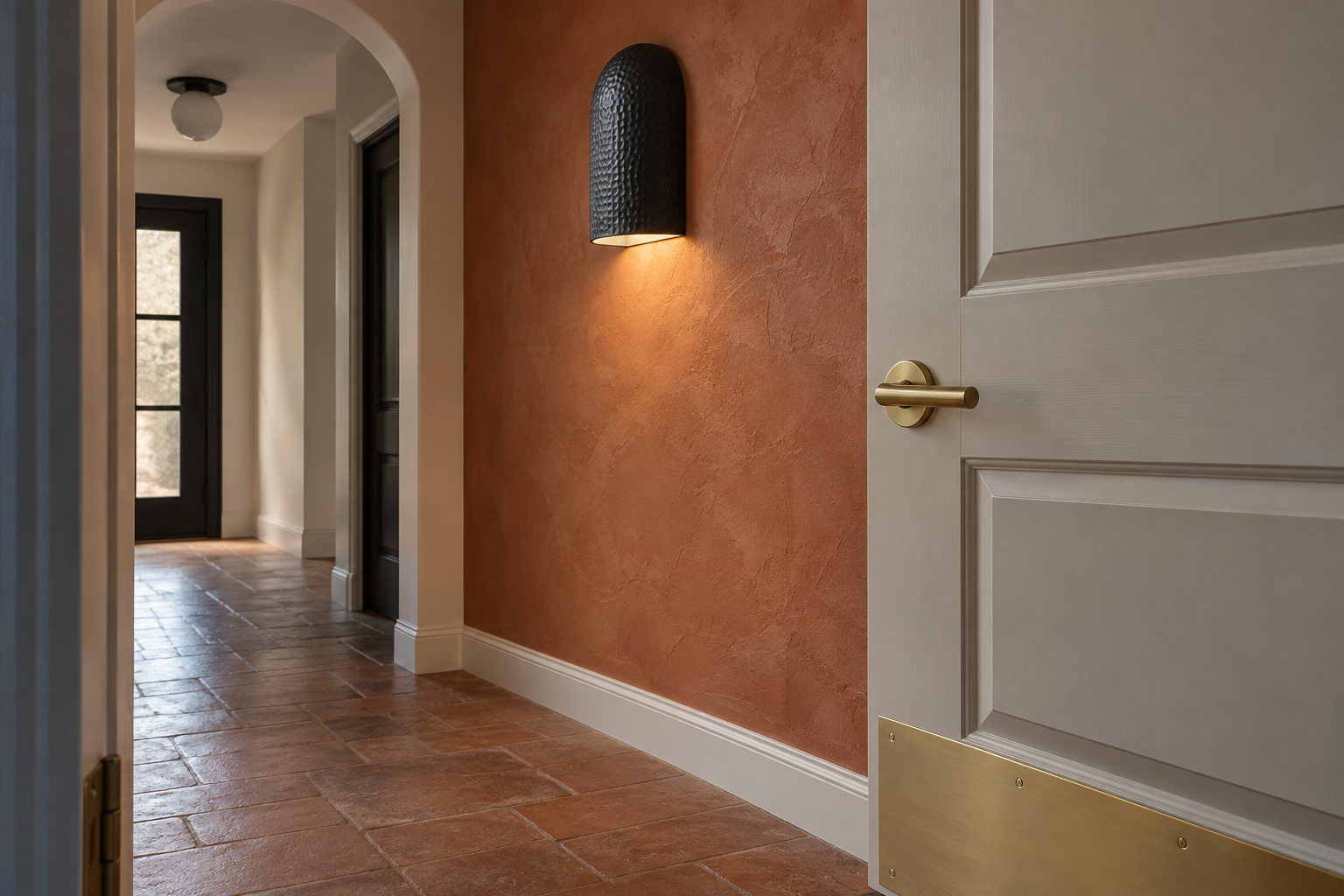 A doorway view of an entry hallway with a terracotta plaster wall, a hammered matte black wall sconce, and a paneled door with brass lever hardware.