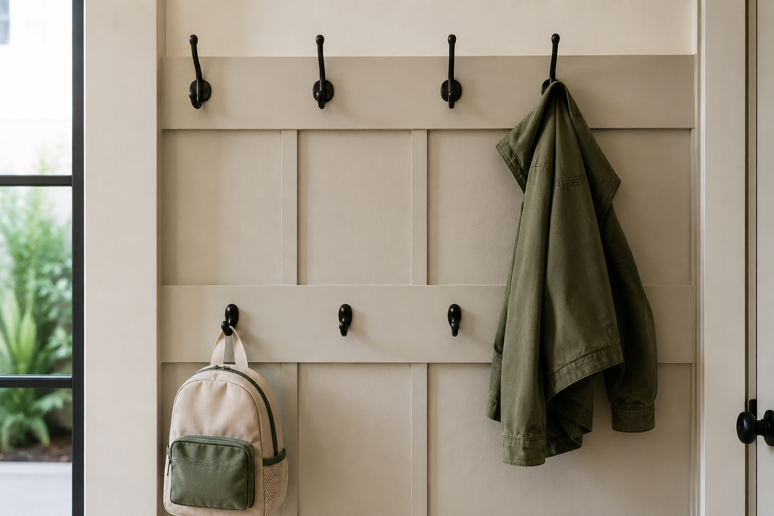 Entryway hooks mounted at two different heights for adults and children