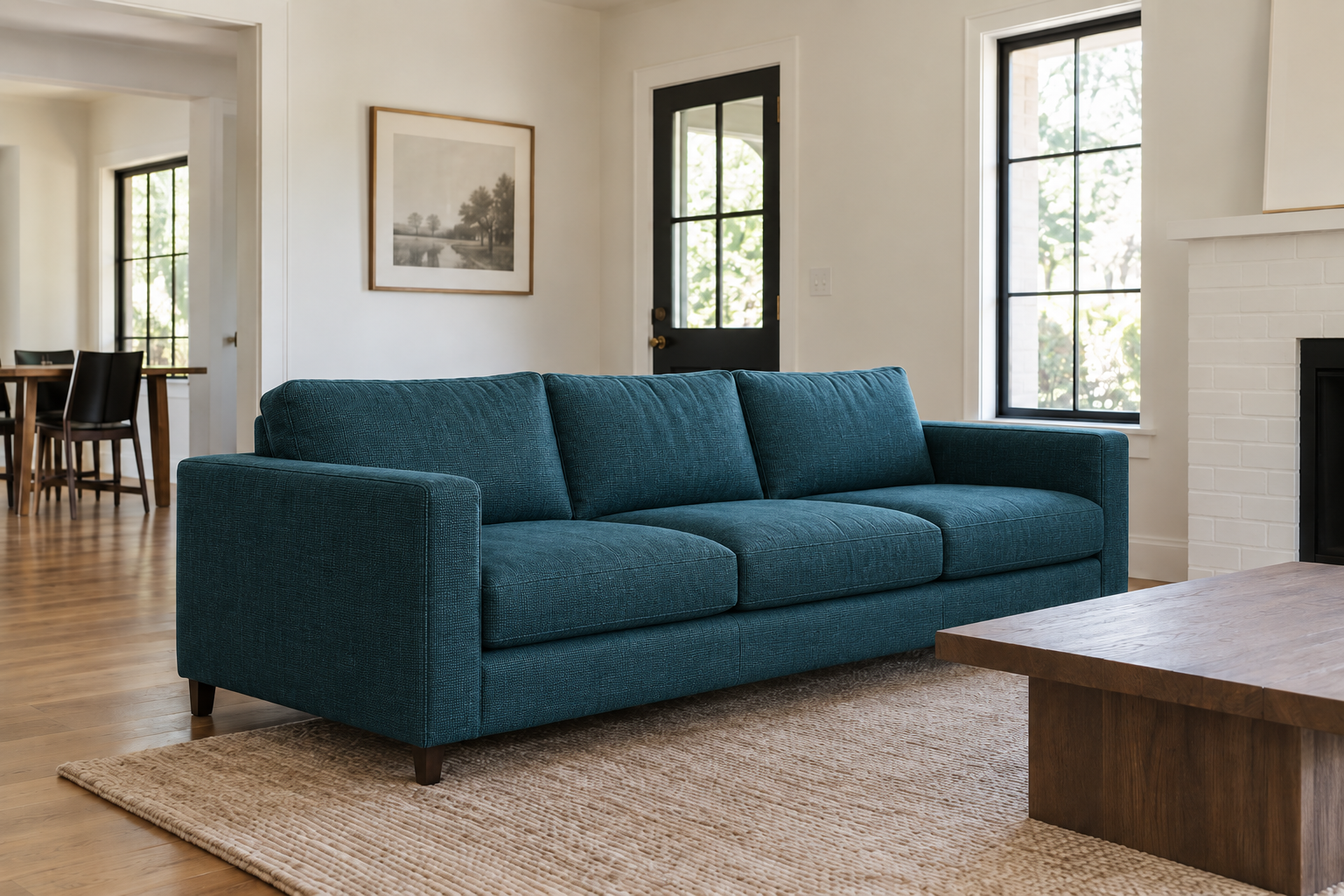 A deep teal fabric sofa in a genuinely lived-in living room setting.
