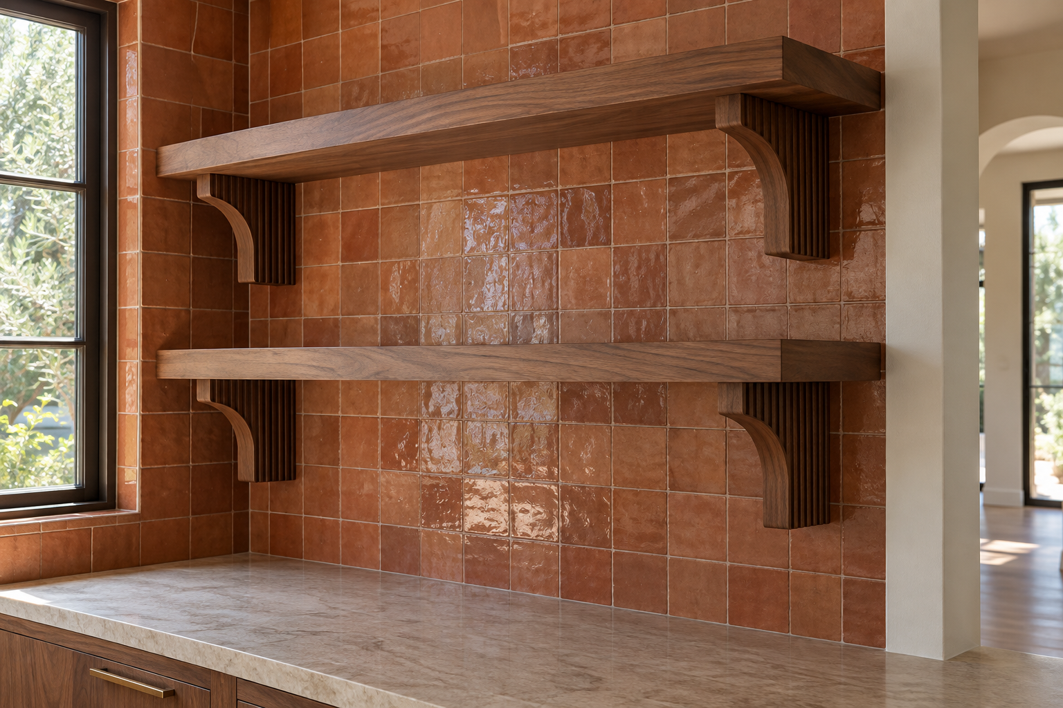 Open walnut kitchen shelving left bare against a warm terracotta tile backsplash.