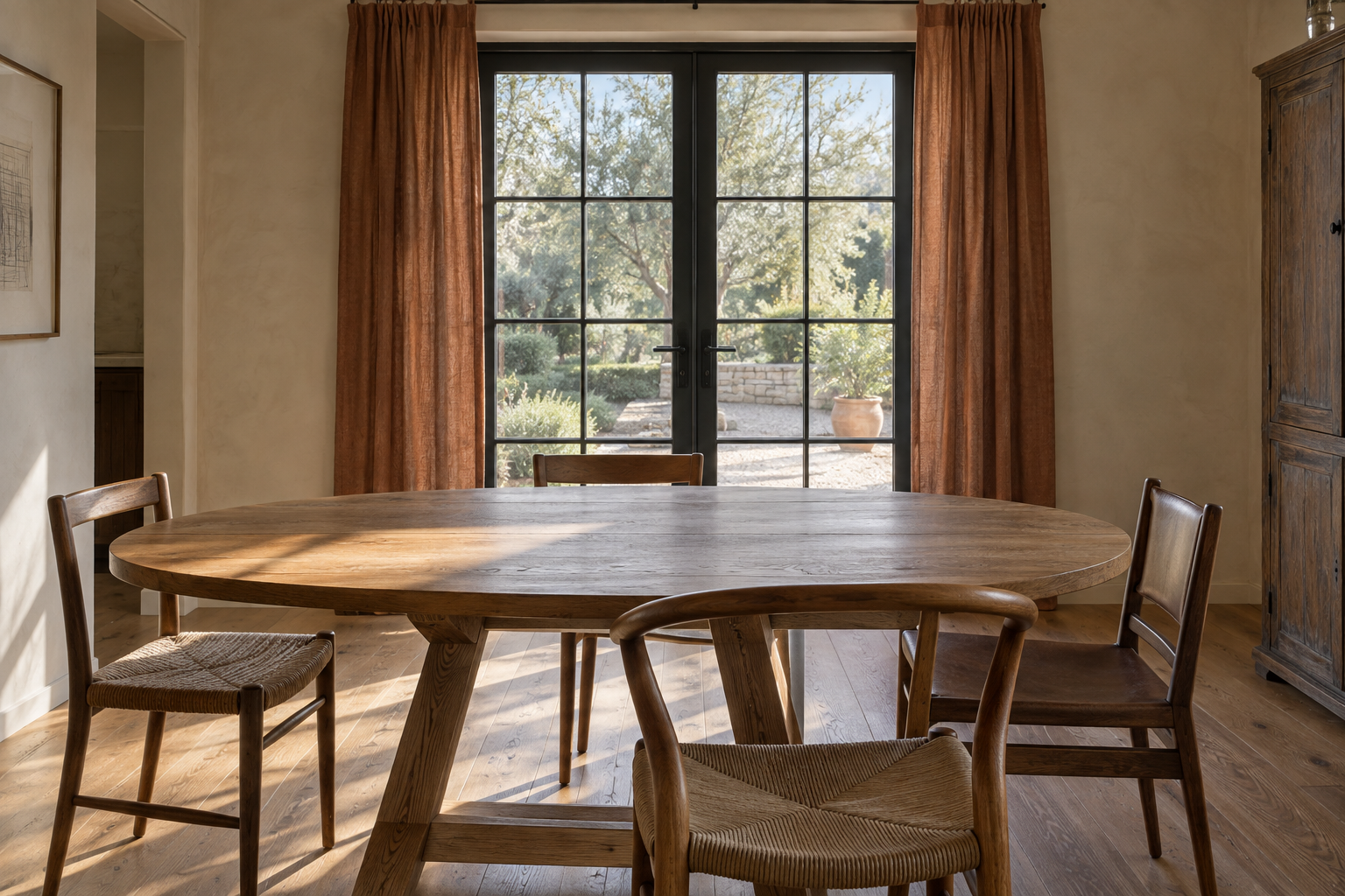 A dining nook with narrow rust-clay linen curtain panels flanking a pair of black-steel French doors, morning light and a garden view visible through the glass, and an oval trestle dining table with mixed curved-back chairs.