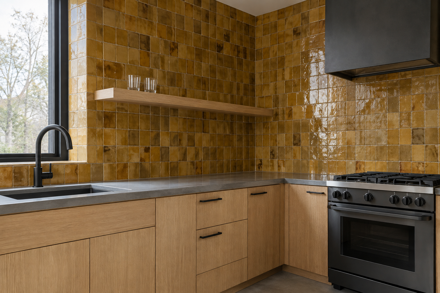 Ochre-glazed tile running uninterrupted from a kitchen counter to the ceiling, with a floating shelf in place of an upper cabinet.