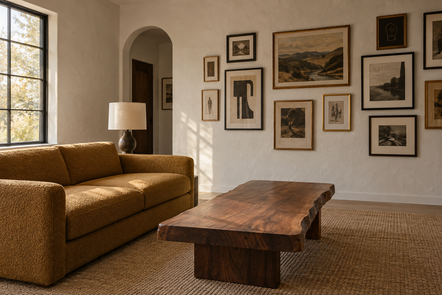 A living room with an asymmetric gallery wall as its focal point above a warm ochre sofa.