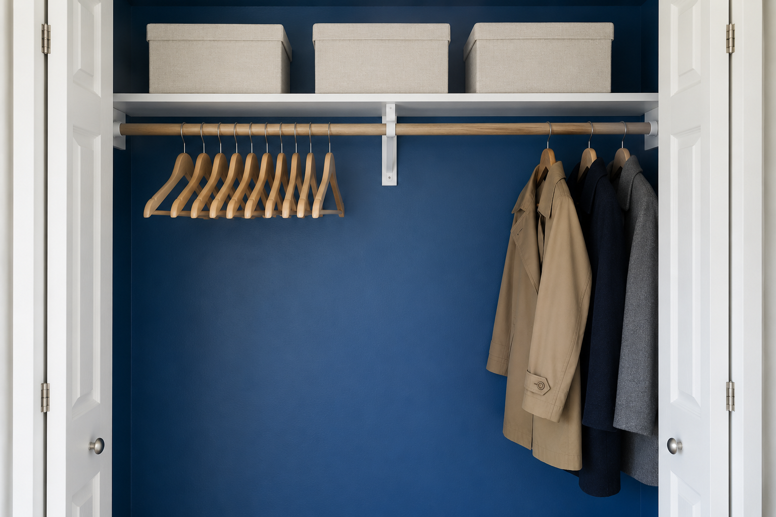 A closet painted deep blue inside, half emptied with wooden hangers ready for a guest.