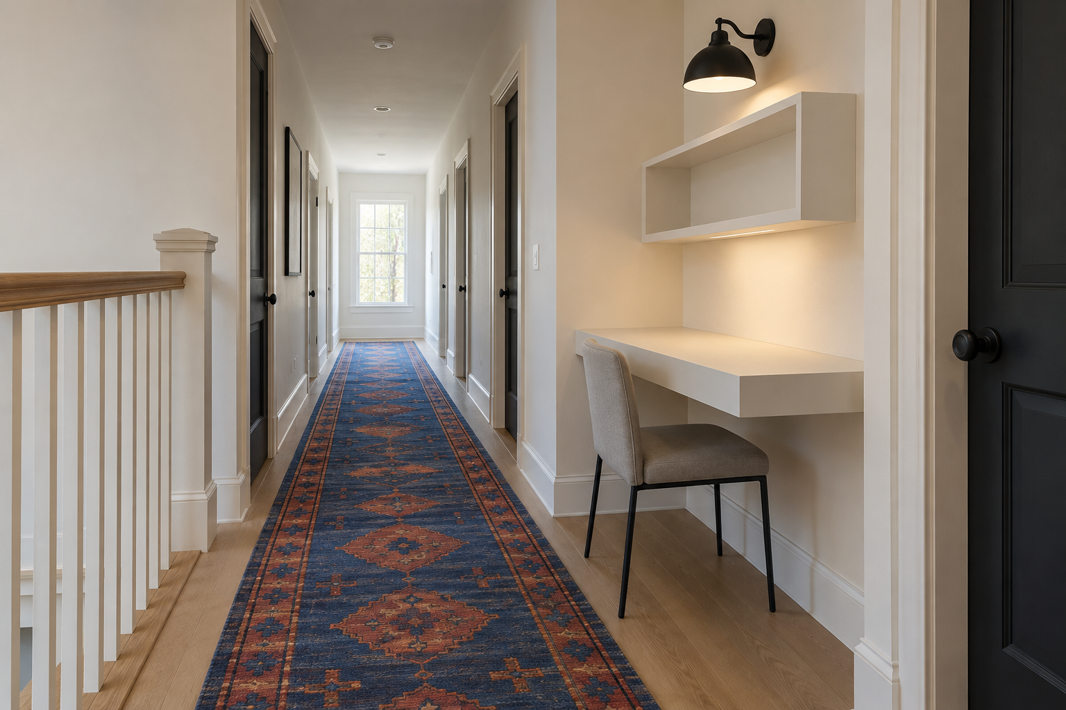 A floating desk-shelf built into a widened section of an upstairs hallway, with a bold cobalt-and-rust runner rug running its length.