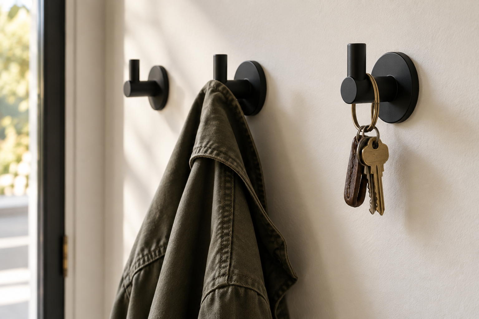 Close detail of matte black hooks holding a real coat and keys on a painted entry wall with no closet nearby.