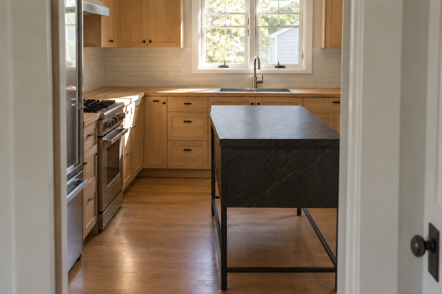 A honed black soapstone kitchen island with blackened steel legs set close to a pale oak perimeter counter in a compact kitchen.