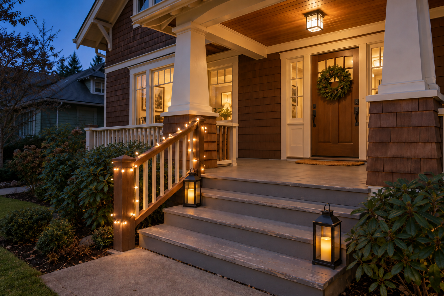 Warm white lights wound along a porch railing with two lanterns on the steps of a Craftsman house at dusk.