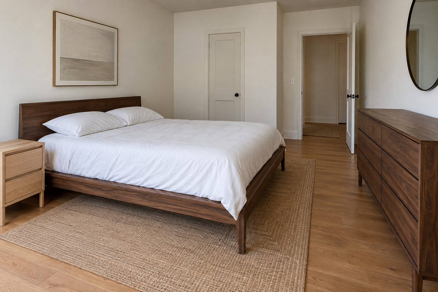 An ordinary bedroom showing a pale ash nightstand beside a walnut platform bed, with a darker walnut dresser visible on the opposite wall, demonstrating two contrasting wood tones in one room.