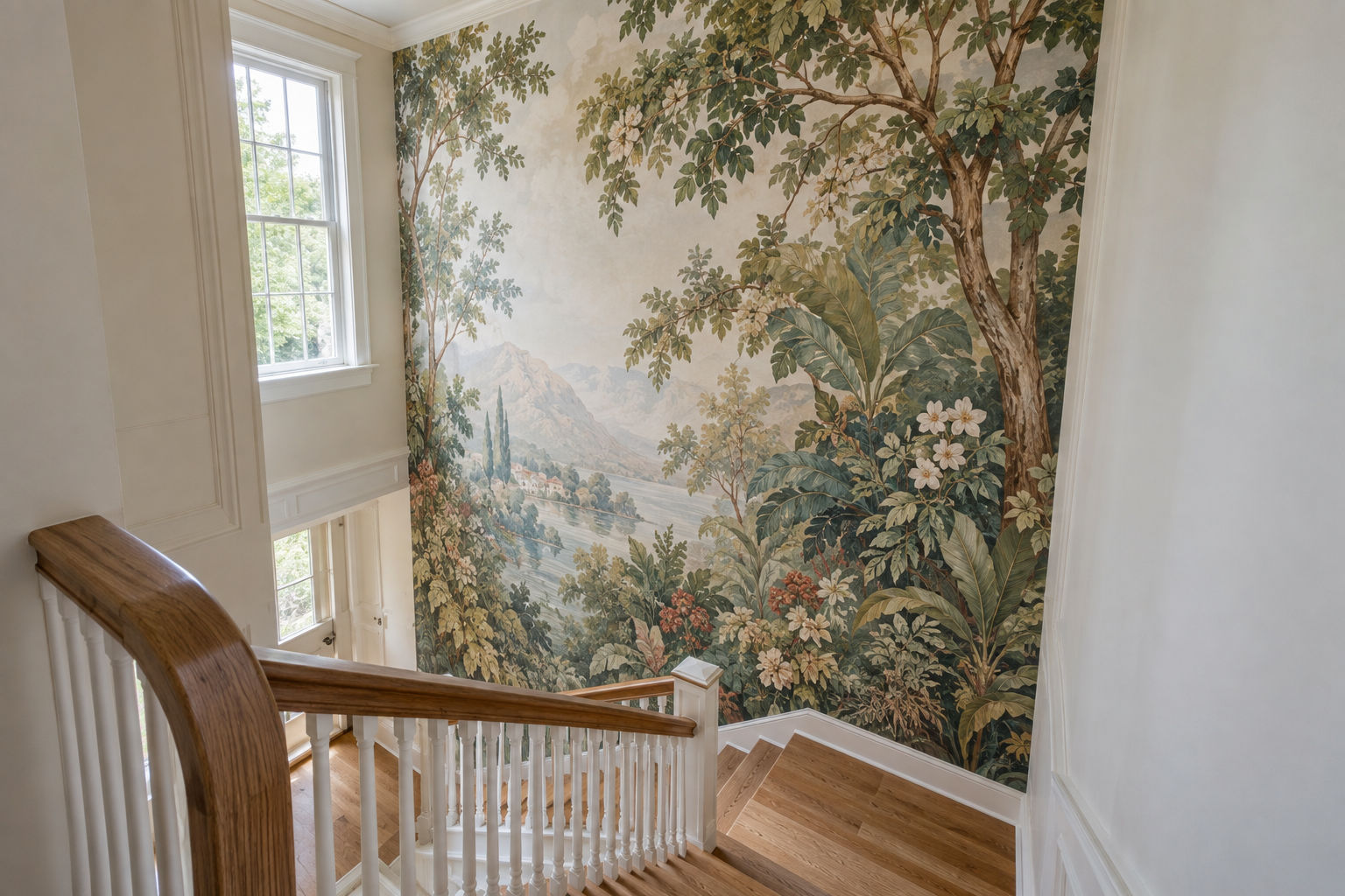 A botanical mural wallpaper running the full height of a stairwell landing, seen from partway up the stairs.
