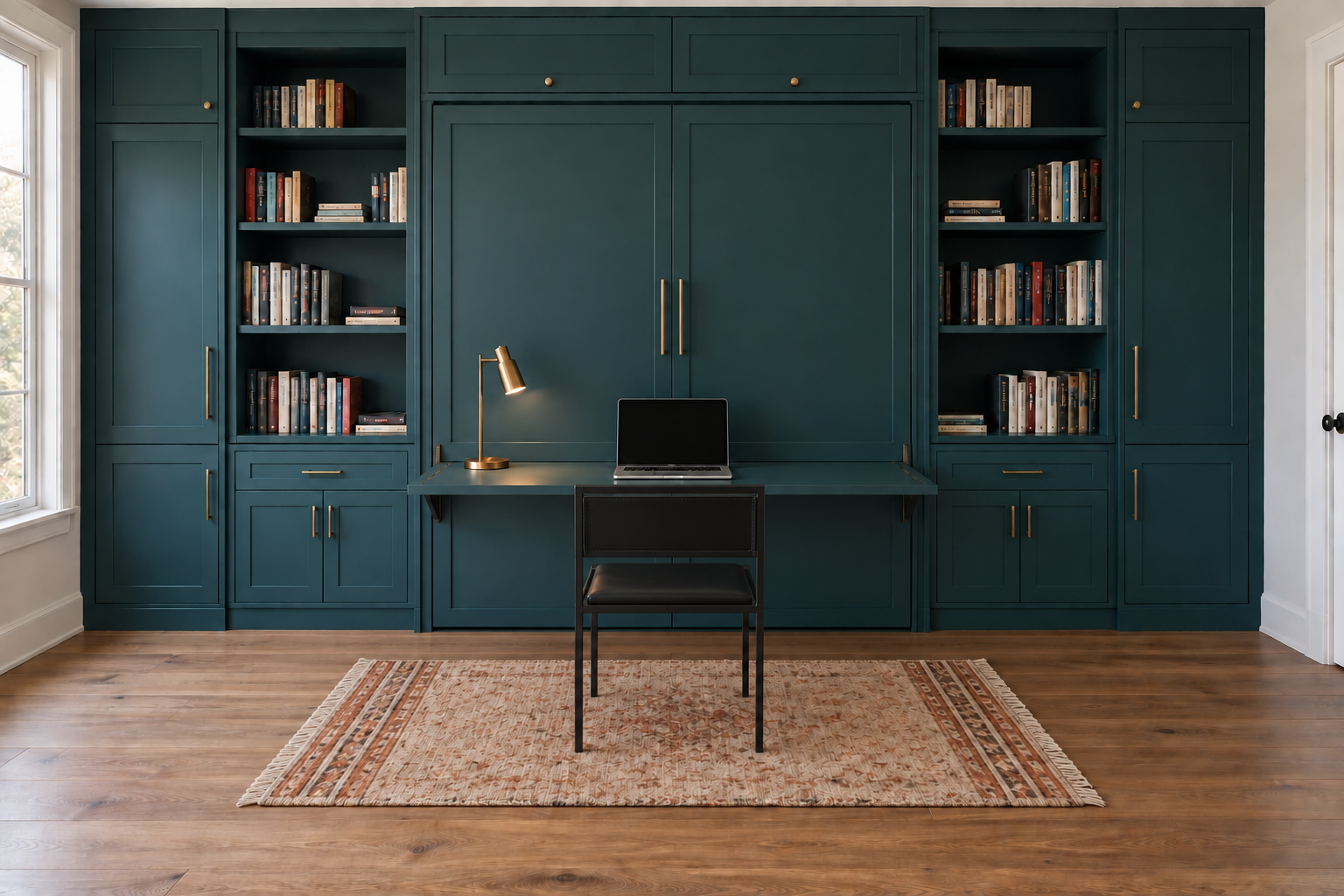 The same teal built-in wall with the Murphy bed folded away and a fold-down desk in use.