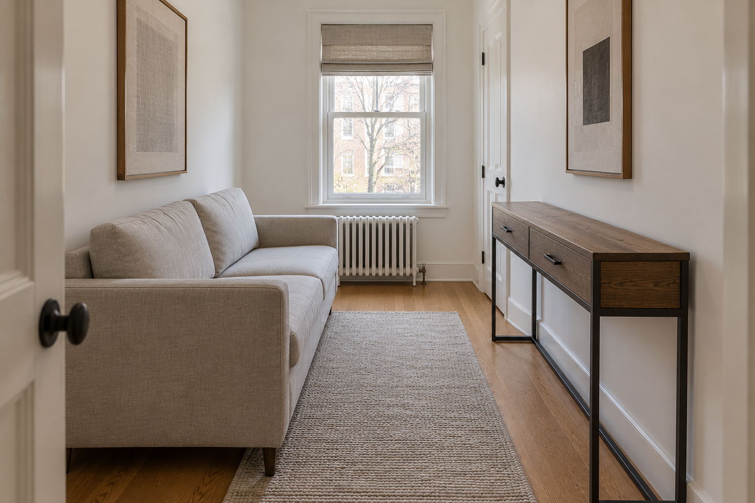 A genuinely narrow room with furniture placed against both long walls, too tight for a floated arrangement.
