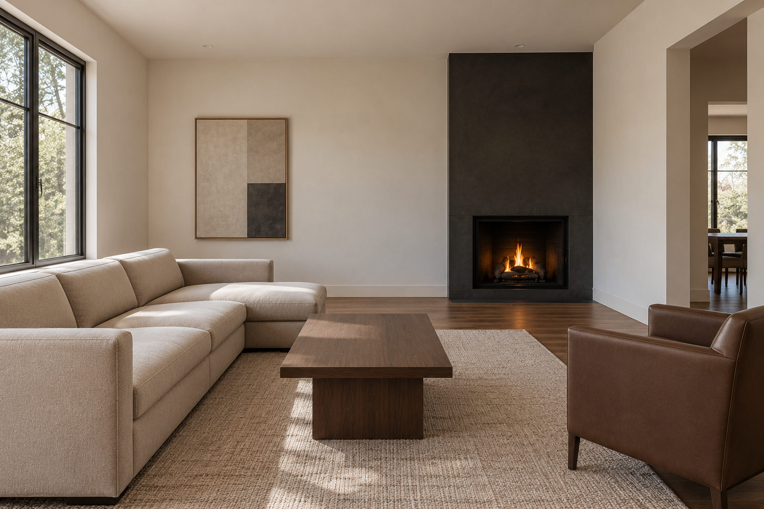 A living room with an off-center fireplace and an asymmetric seating arrangement balancing it.