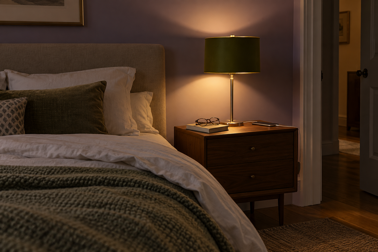 A bedside lamp with an opaque green shade casting a pool of light on a walnut nightstand and a soft cone on the wall.