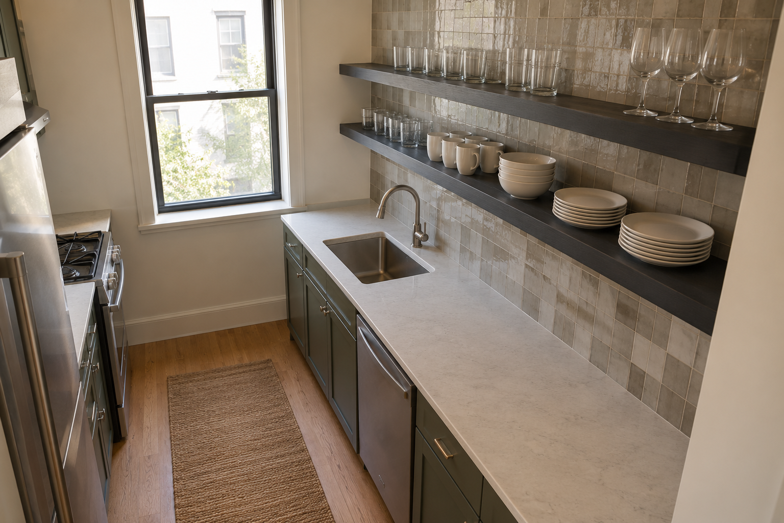 Charcoal open shelving against a zellige backsplash in a genuinely small kitchen.