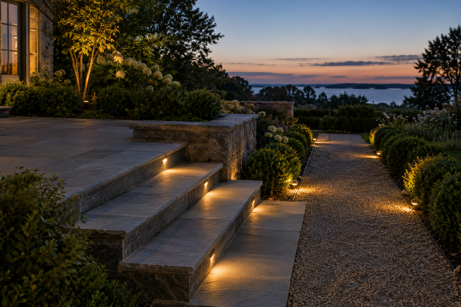 Low warm lights built into garden steps and a path edge beside a patio at dusk