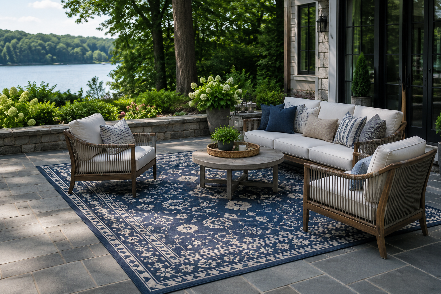 A large stone patio with a patterned outdoor rug anchoring the seating group