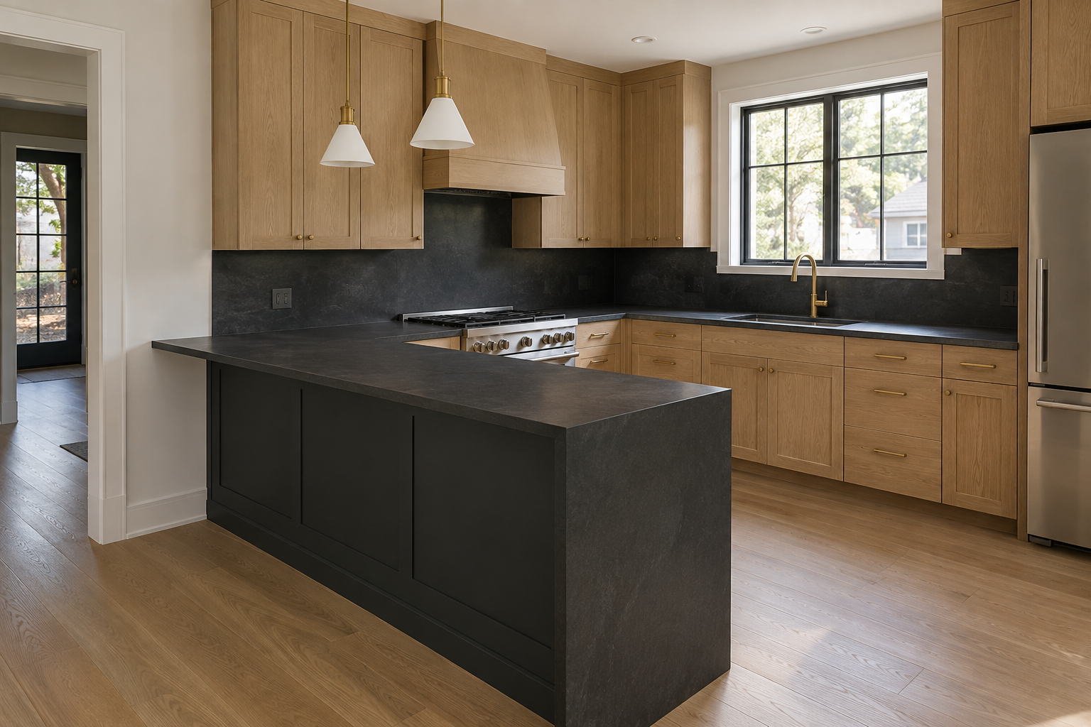 A charcoal-painted kitchen peninsula extending from the wall, used in place of a freestanding island.