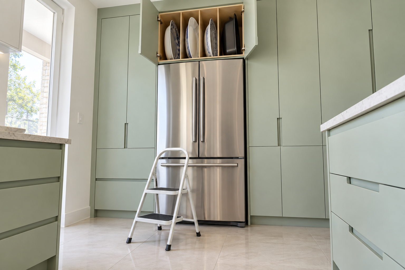 Platters and a roasting pan standing on edge in the cabinet above a fridge, with a step stool below.