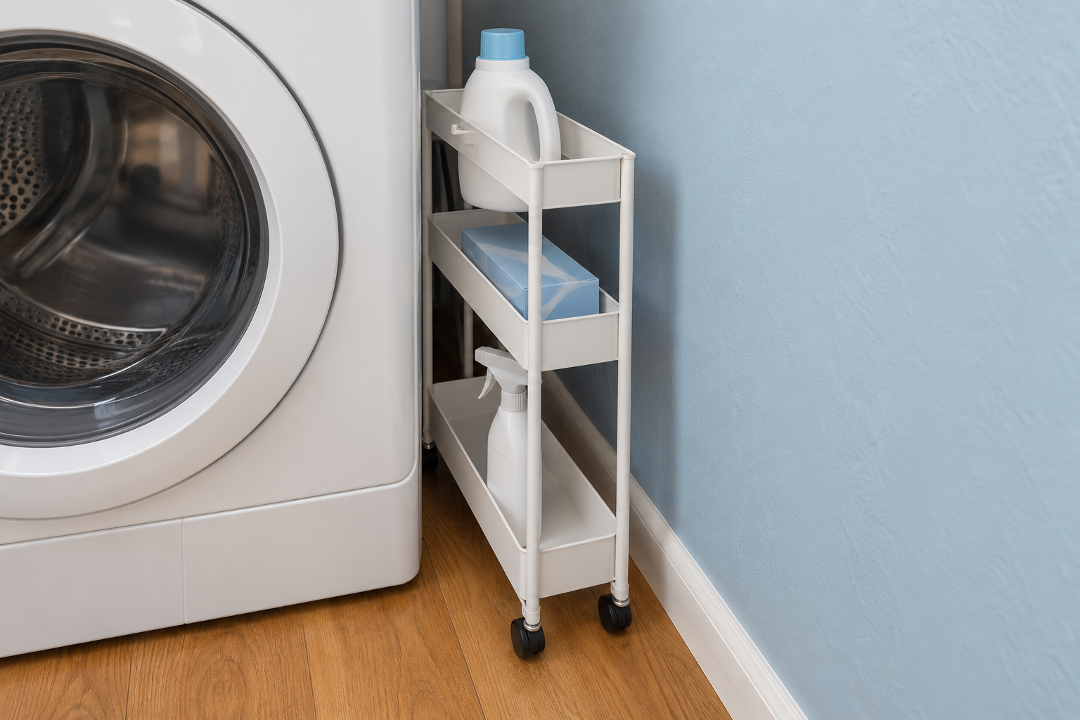 A slim white rolling cart pulled halfway out of the gap beside a dryer.