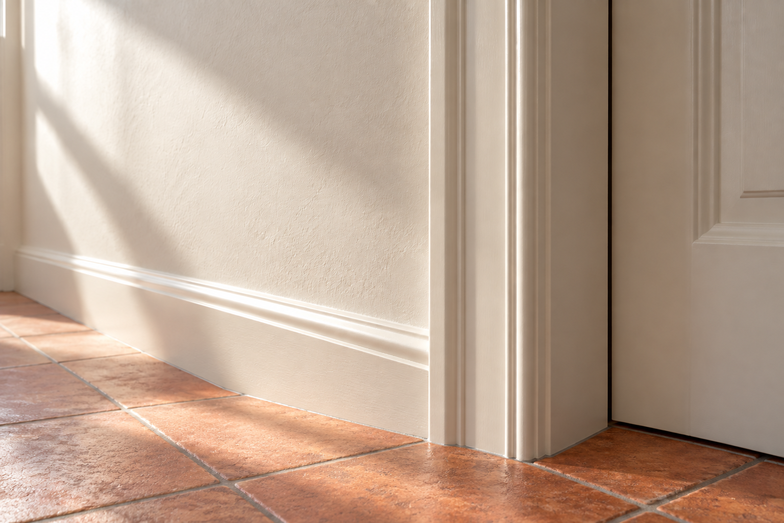 A satin white door casing catching the light beside a matte white wall.