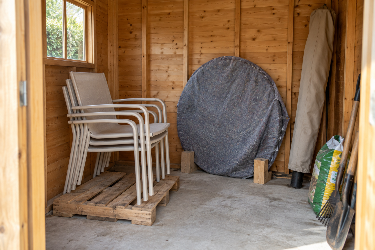 Aluminum patio chairs stacked on a pallet in a shed, with a wrapped glass tabletop standing on edge against the wall.