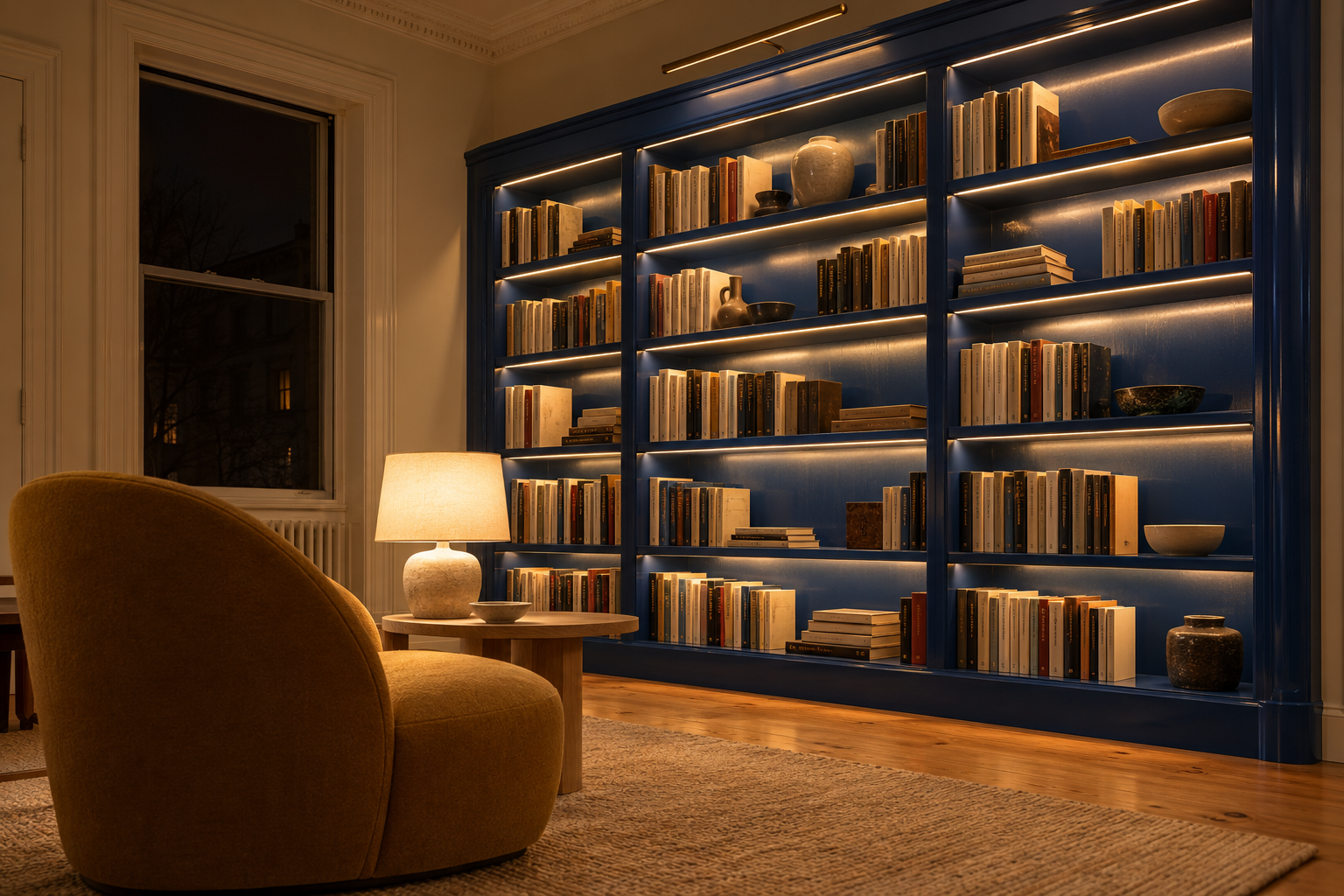 A cobalt bookcase lit by a picture light and warm shelf lights at night, seen from a lounge chair.