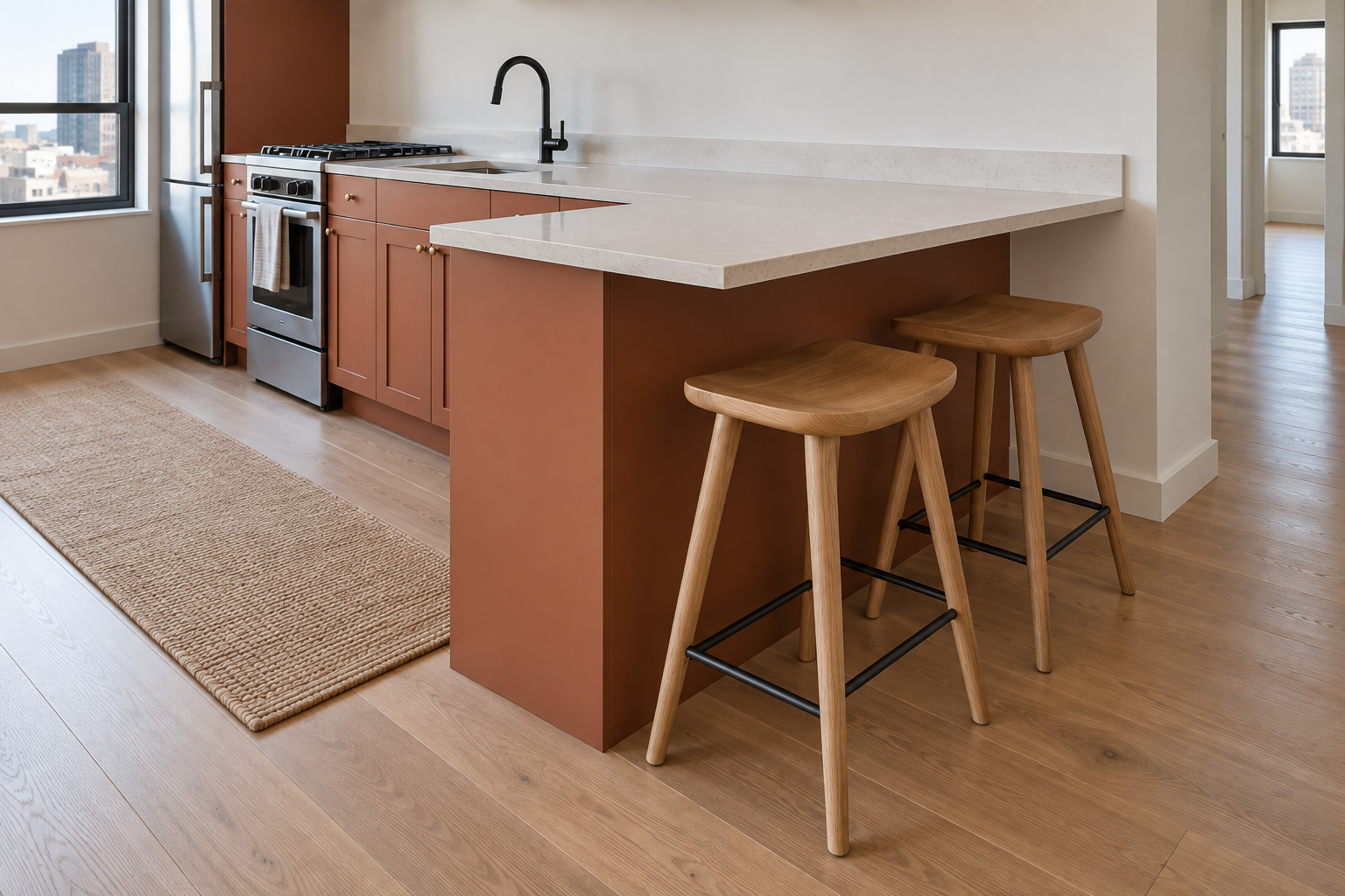 Two stools tucked under a counter overhang for compact seating in a small kitchen.