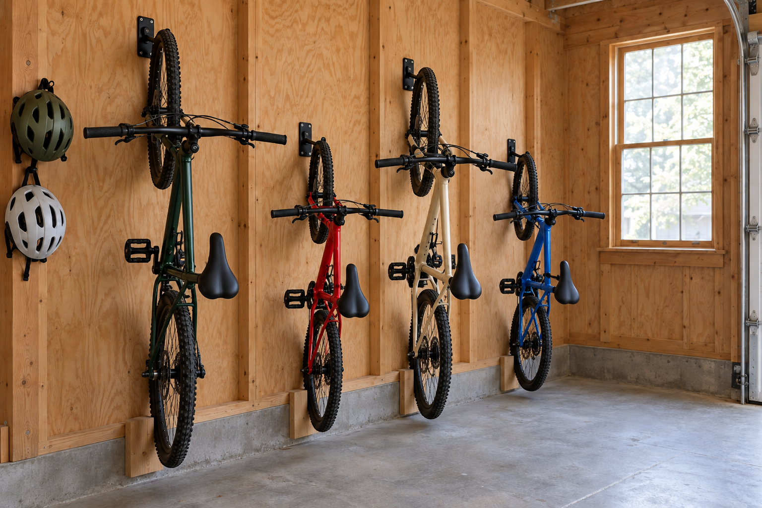 Four bikes hung vertically on a plywood garage wall at alternating heights.