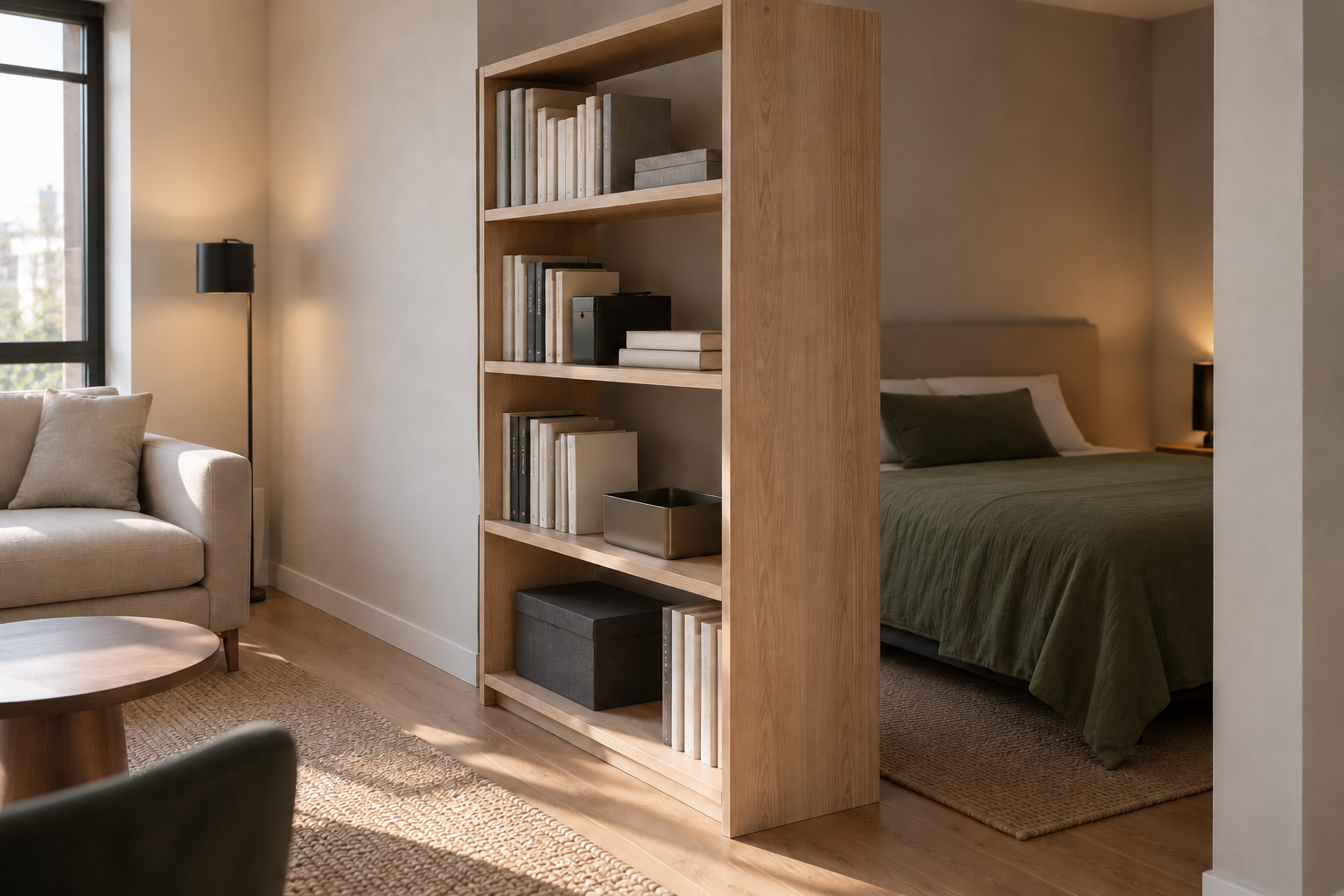 A tall bookshelf positioned to screen the sleeping area from the rest of a studio apartment.