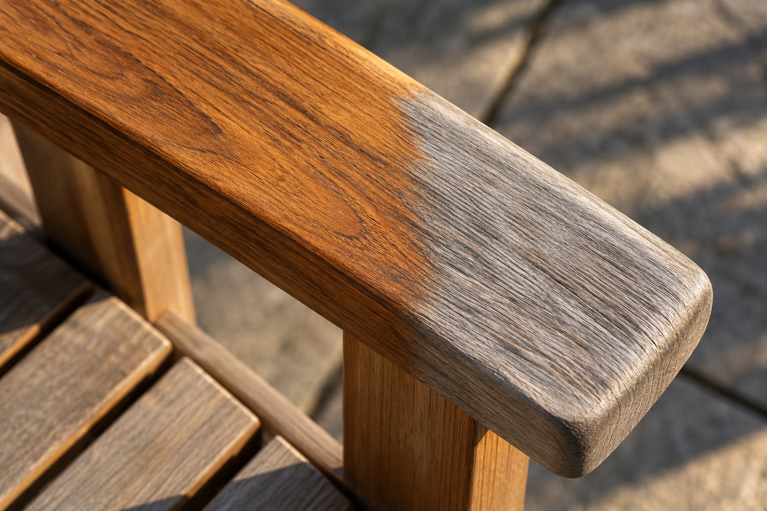 A teak surface showing a golden oiled section next to a naturally silvered, unoiled section.