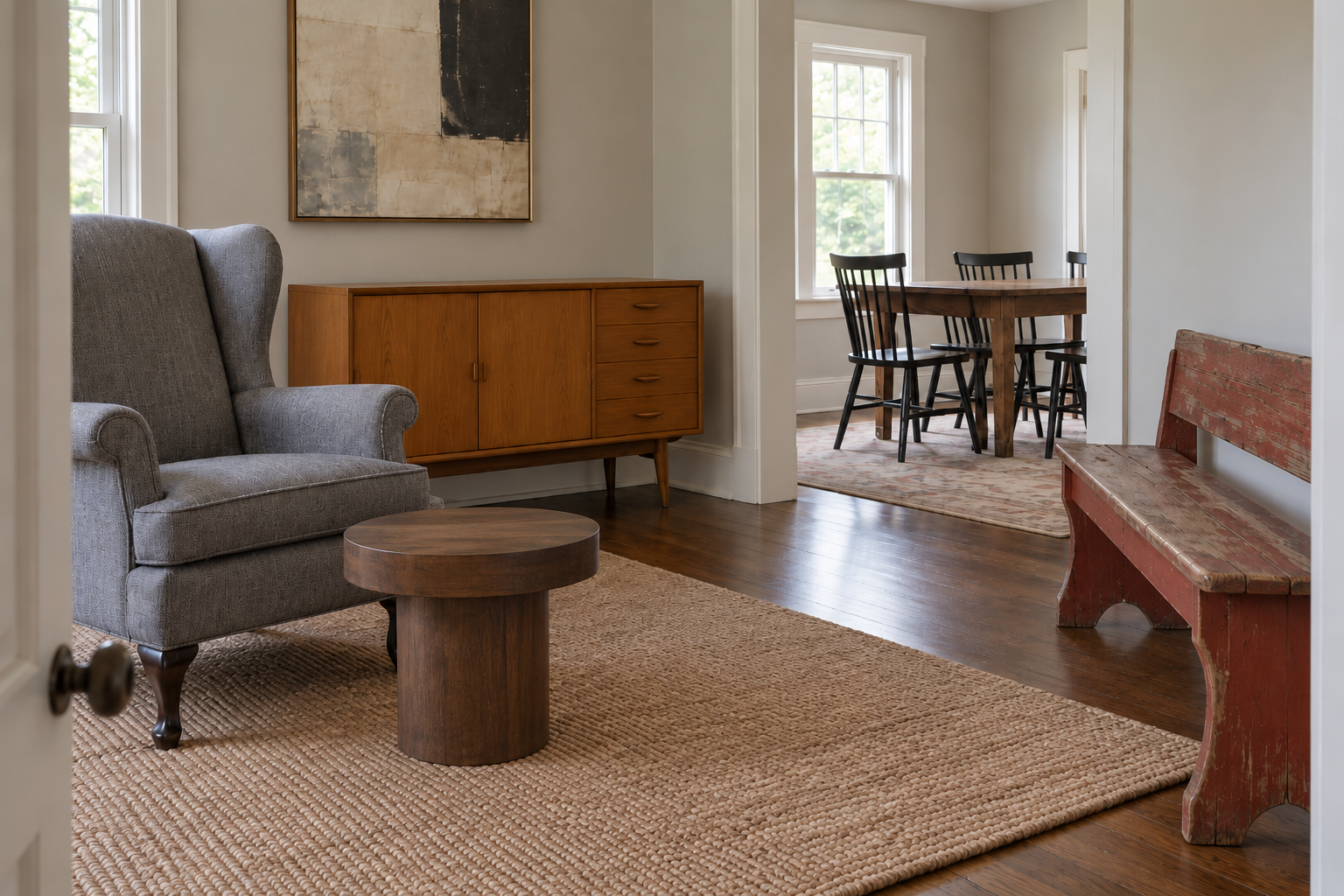 A living room crowded with a wingback chair, a mid-century credenza, an acrylic table, and a rustic bench, four furniture styles with nothing tying them together.
