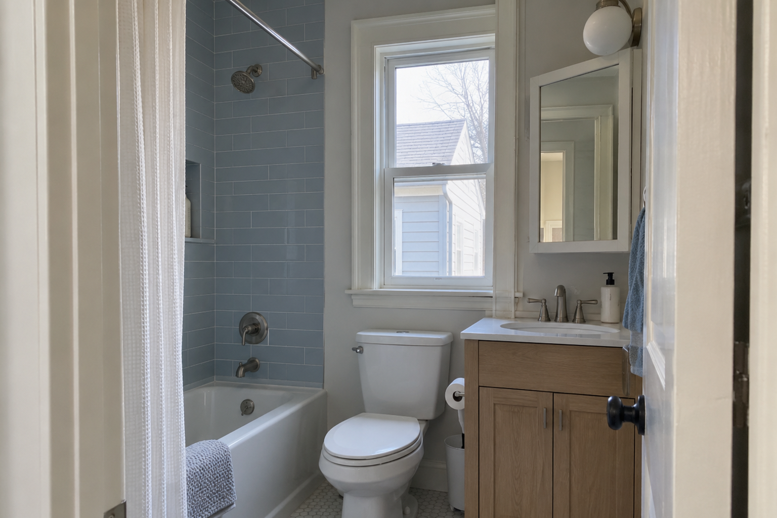 A tight, architecturally awkward bathroom with an off-center window, where a tub-shower combo is the real space compromise.