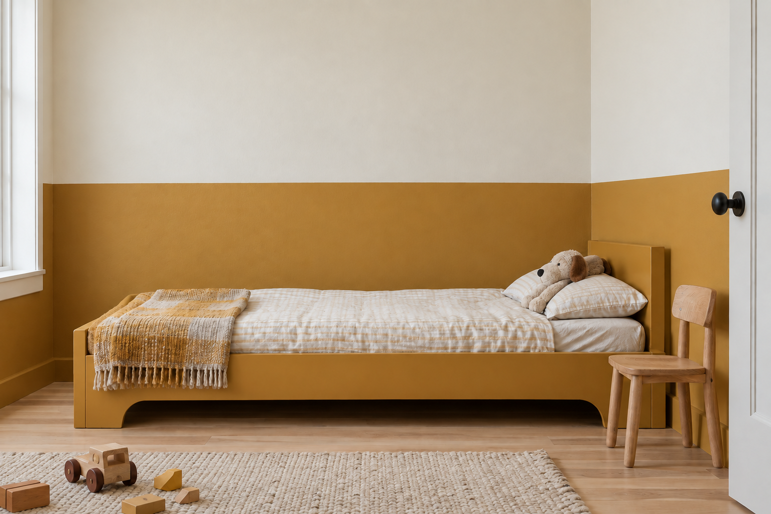 A child's bedroom wall painted ochre on the lower third and cream above, with an ochre painted bed along it.