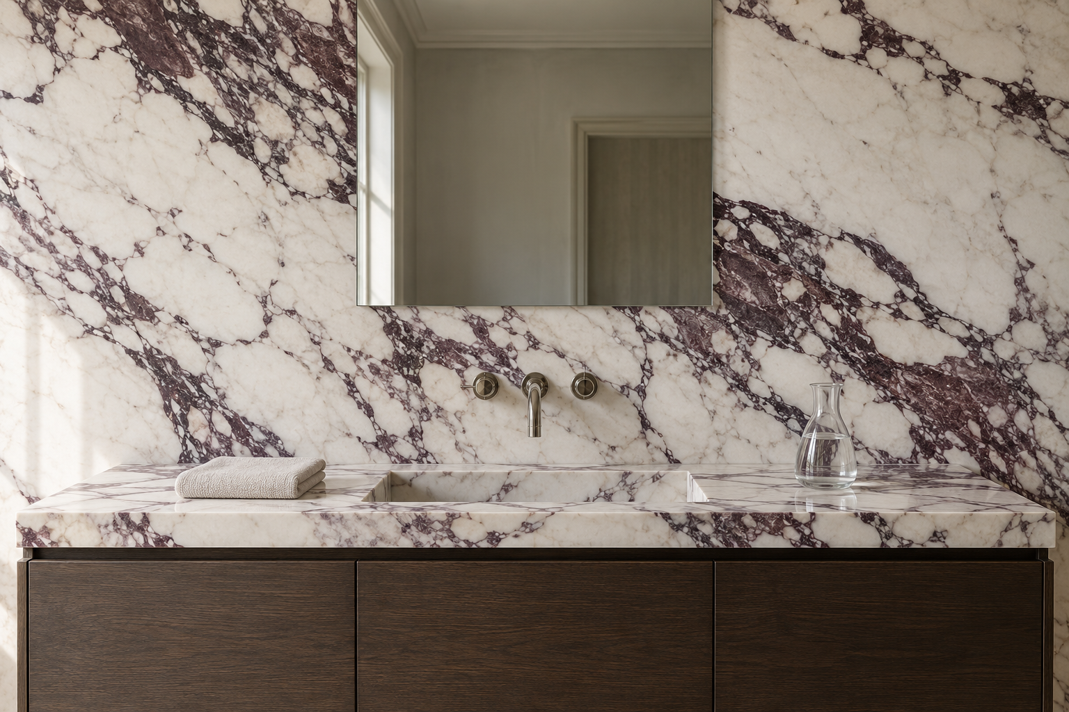 A white marble slab with purple veining running behind a dark oak vanity, with a faucet mounted in the stone.