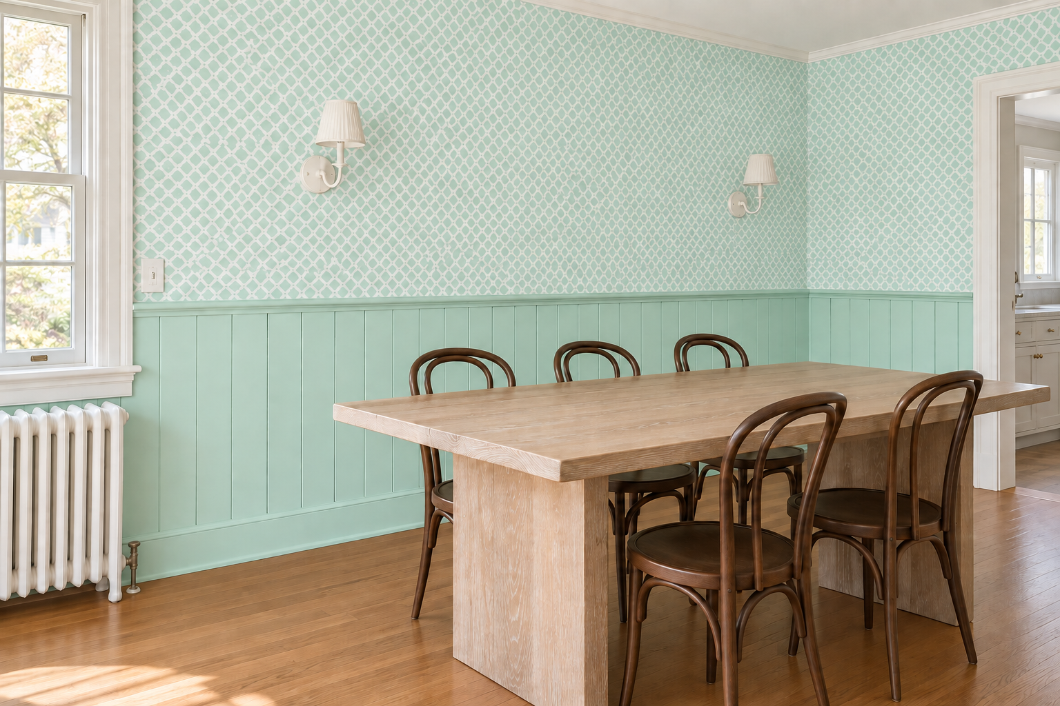 A dining room wall with mint painted wainscot below and mint and white trellis wallpaper above, behind a limed oak table and bentwood chairs.