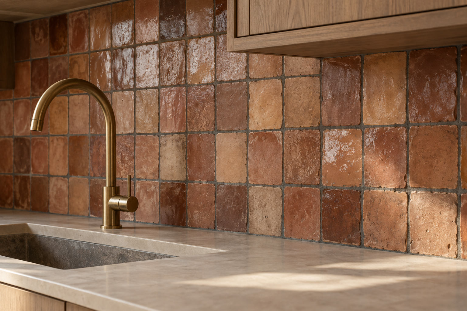 Handmade terracotta zellige tile with charcoal grout and a brass faucet in a kitchen corner.