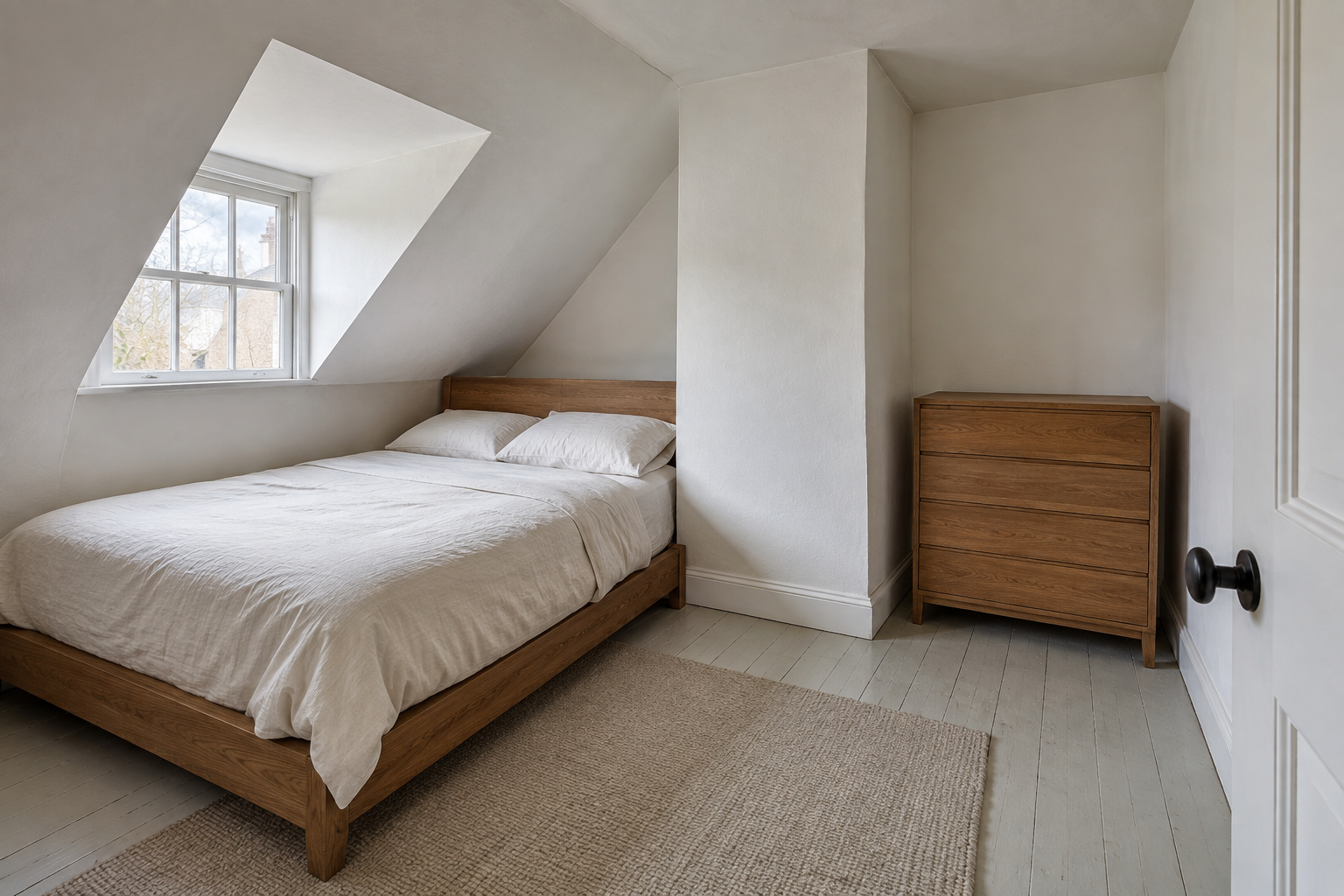 A small bedroom with a sloped ceiling, an off-center dormer window, and a chimney breast, with the bed placed off-center to keep a clear path to the door.