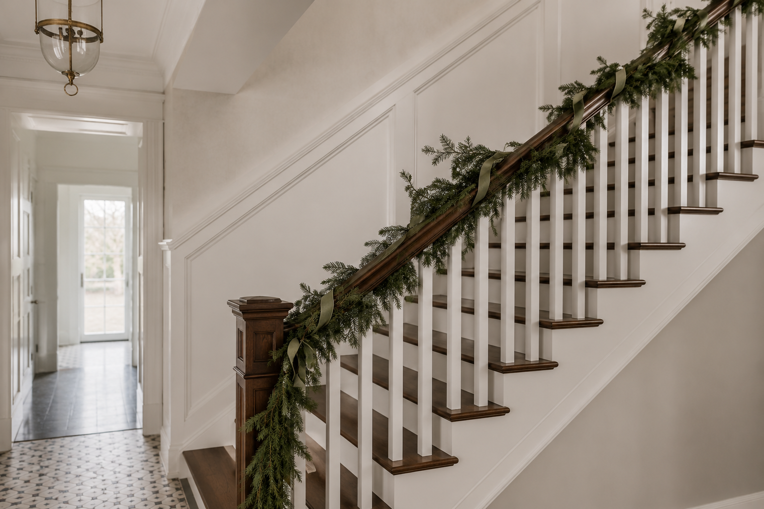 A staircase banister wrapped in one continuous garland with ribbon woven through